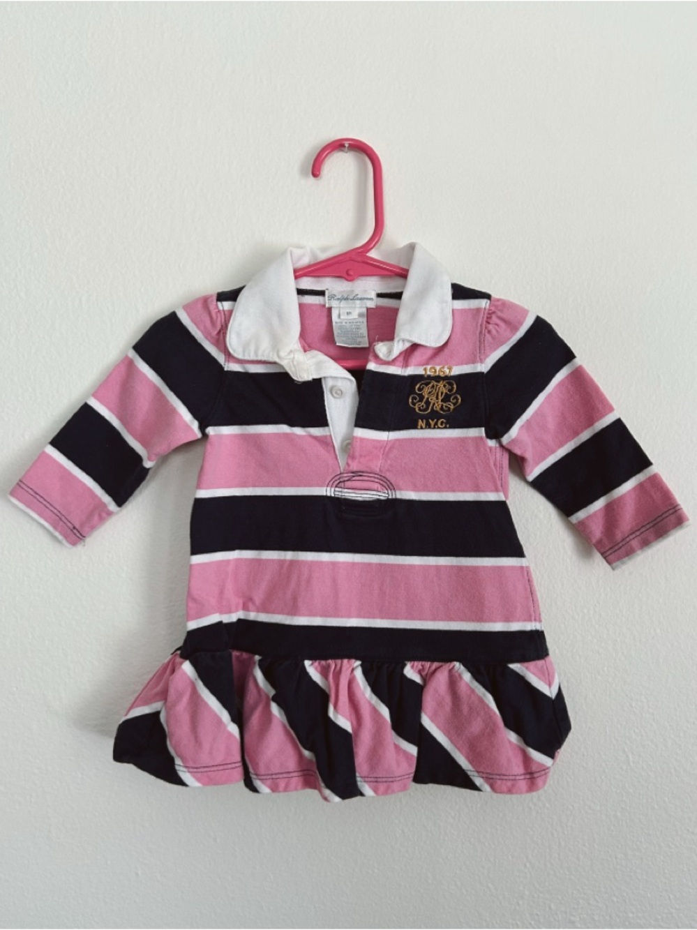 Ralph Lauren Pink and Navy Striped Polo Dress with White Collar